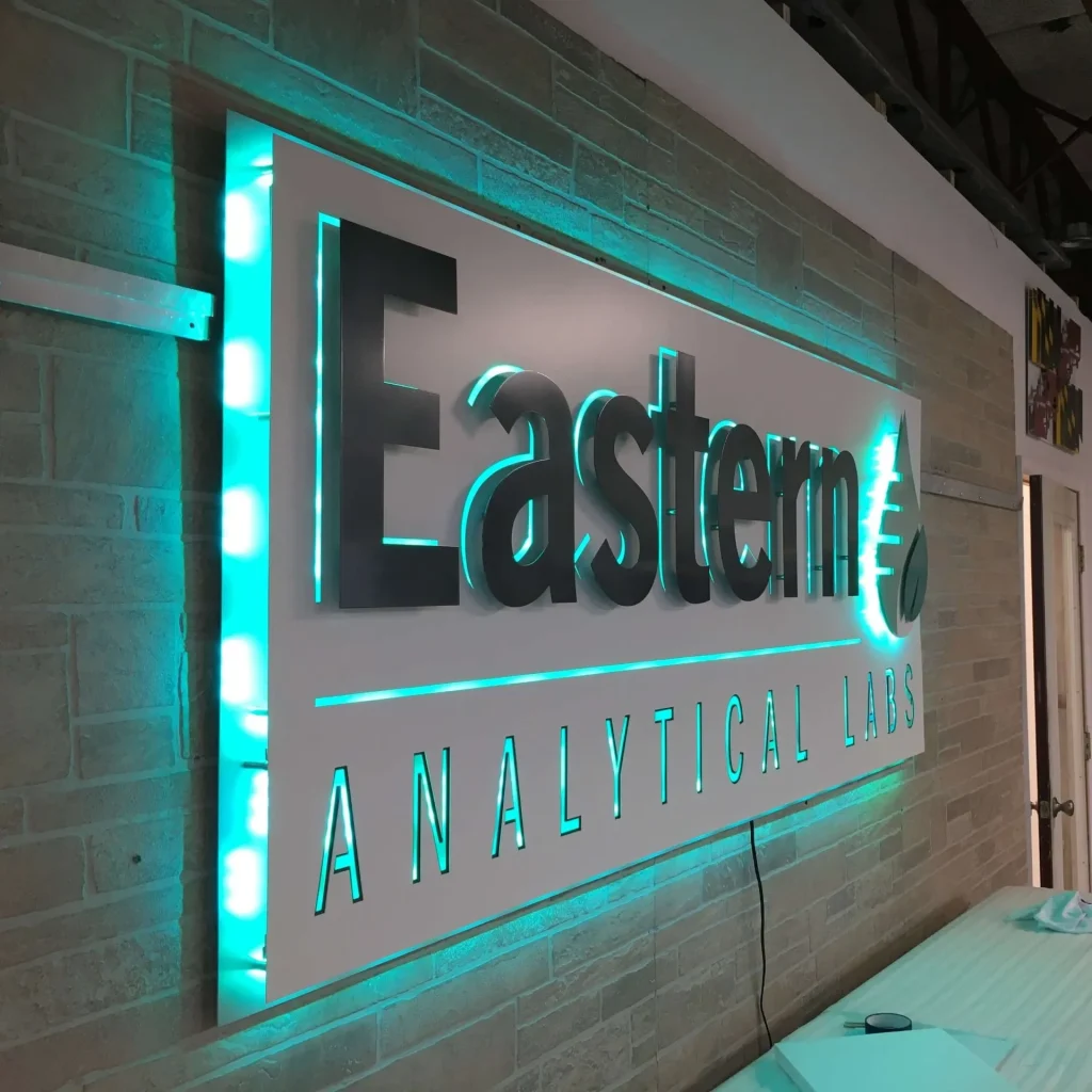 lobby sign with blue led lighting and 3D letters