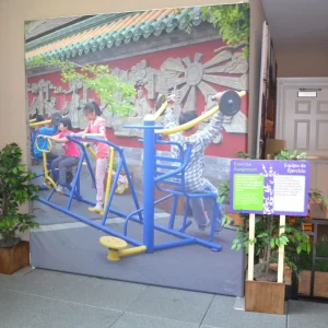 a custom printed stretch fabric backdrop depicting children at play