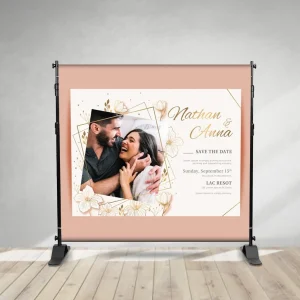 a step and repeat display depicting a wedding event