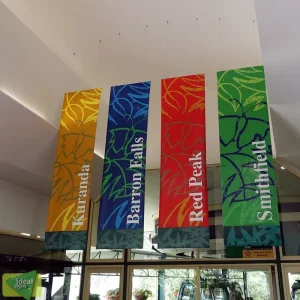 Four vertical hanging banners.